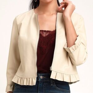 Lulu’s Madelene Cream Ruffled Vegan Leather Three-Quarter Sleeve Jacket, Cream